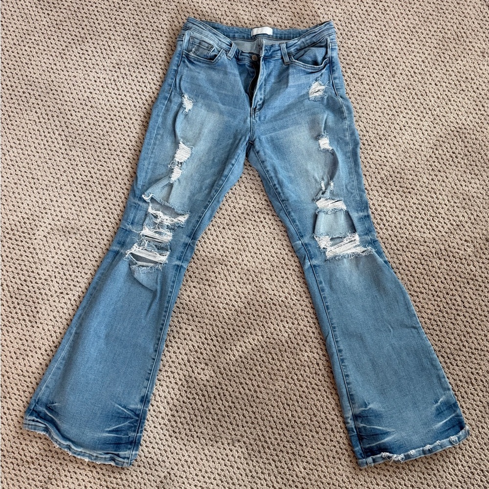 Trendy Distressed Light Blue Flare Jeans